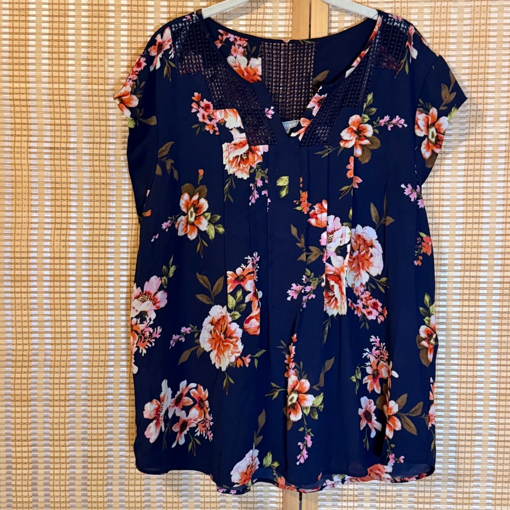 Daniel Rainn Navy Blue Floral Crochet Lace Accent Blouse XXL Bohemian Lagenlook